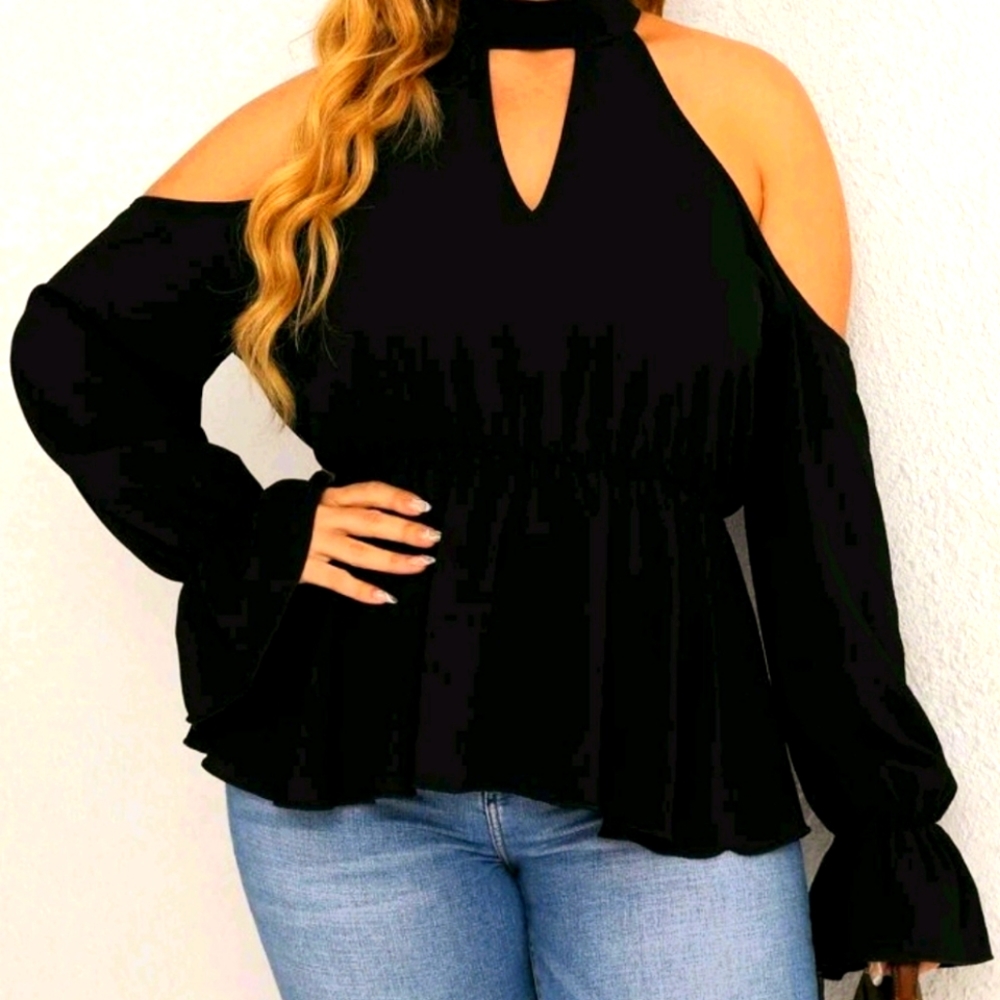 Plus Keyhole Neck Cut Out Flounce Sleeve Peplum Blouse